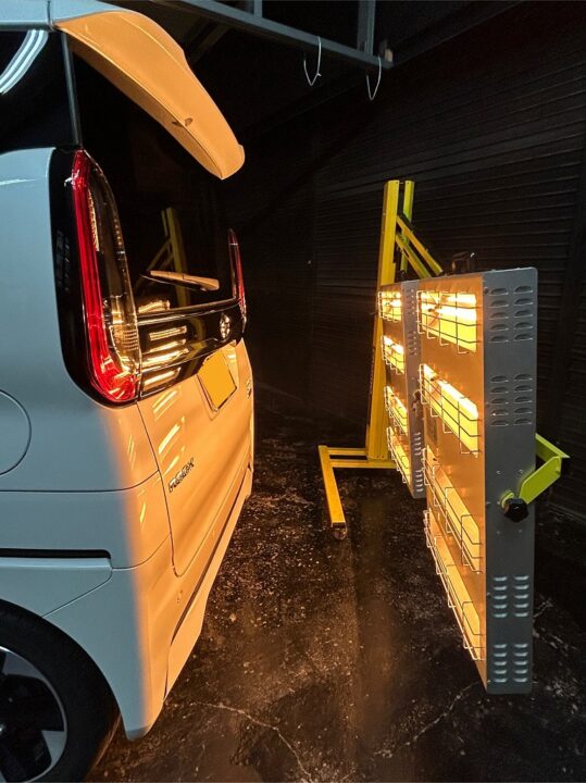 NISSANルークス　セラミックコーティングSystemX　DiamondSS　　 フロントガラス撥水コーテング　ホイールコーティング施工後近赤外線ヒーター乾燥硬化