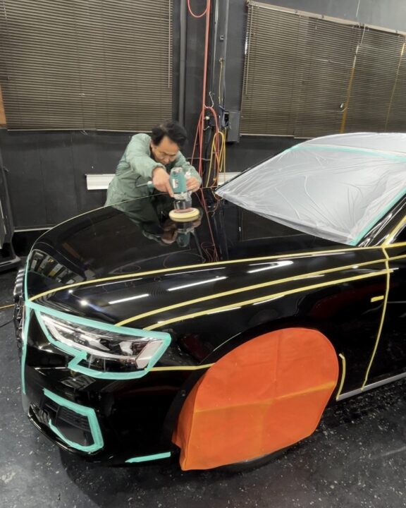 アウディ―A8にGguardガラスコーティング3層プラチナコーティングを施工前磨き小傷・シミ・くすみ除去